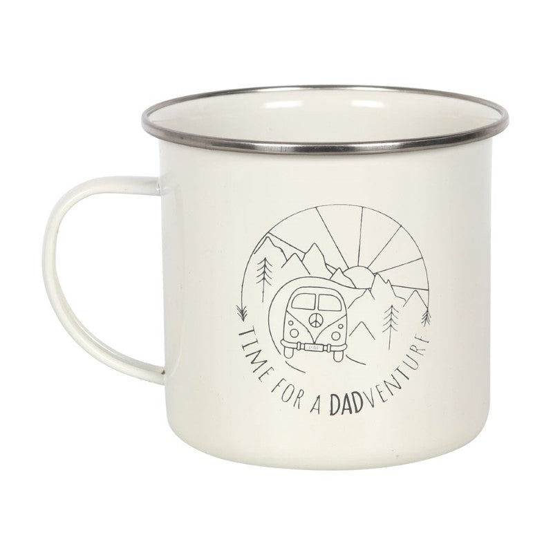 Retro campervan enamel mug with "Time for a DADventure" design, perfect for camping and gifting dads.