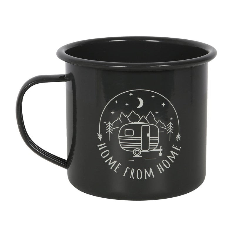 Black enamel camping mug featuring a retro caravan illustration, perfect for outdoor adventures and cozy campfire drinks.