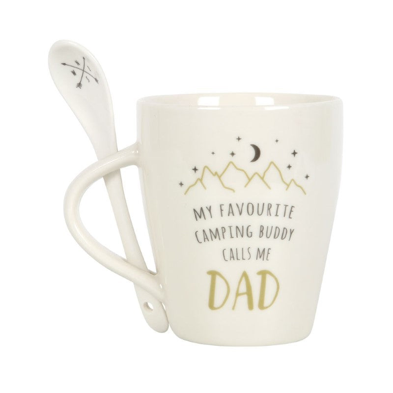 Dad Camping Mug and Spoon set featuring a starry mountain design and heartfelt text, perfect for outdoor adventures.