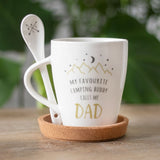 Camping mug and spoon set for dads, featuring a starry mountain design and heartfelt text, perfect for outdoor adventures.