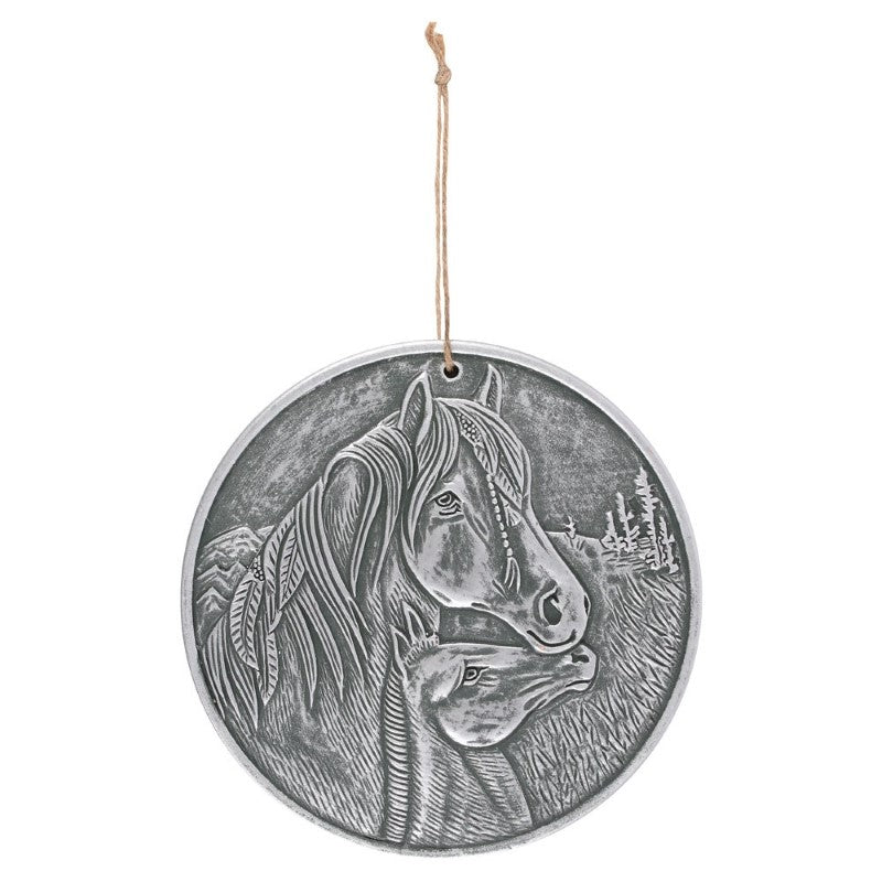 Apache Silver Terracotta Plaque featuring an intricately designed Apache horse, perfect for rustic and equestrian-themed decor.