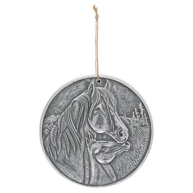 Apache Silver Terracotta Plaque featuring an intricately designed Apache horse, perfect for rustic and equestrian-themed decor.