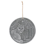 Circular silver-effect terracotta plaque by Lisa Parker, elegantly designed for wall display, measures 20 cm by 20 cm.