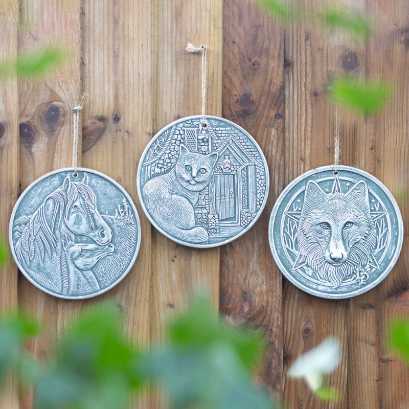 Wild One Silver Terracotta Plaque by Lisa Parker featuring a majestic wolf design with an antique silver finish, 20cm x 20cm.