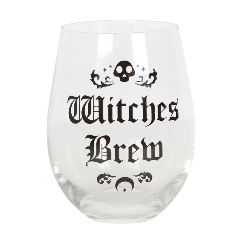 Witches Brew Stemless Wine Glass with gothic 'Witches Brew' text, 500ml capacity, perfect for potion or wine, hand wash only.