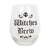Witches Brew Stemless Wine Glass with gothic 'Witches Brew' text, 500ml capacity, perfect for potion or wine, hand wash only.