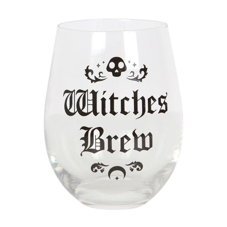 Witches Brew Stemless Wine Glass with gothic 'Witches Brew' text, 500ml capacity, perfect for potion or wine, hand wash only.