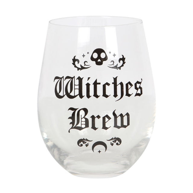 Witches Brew Stemless Wine Glass with gothic 'Witches Brew' text, 500ml capacity, perfect for potion or wine, hand wash only.