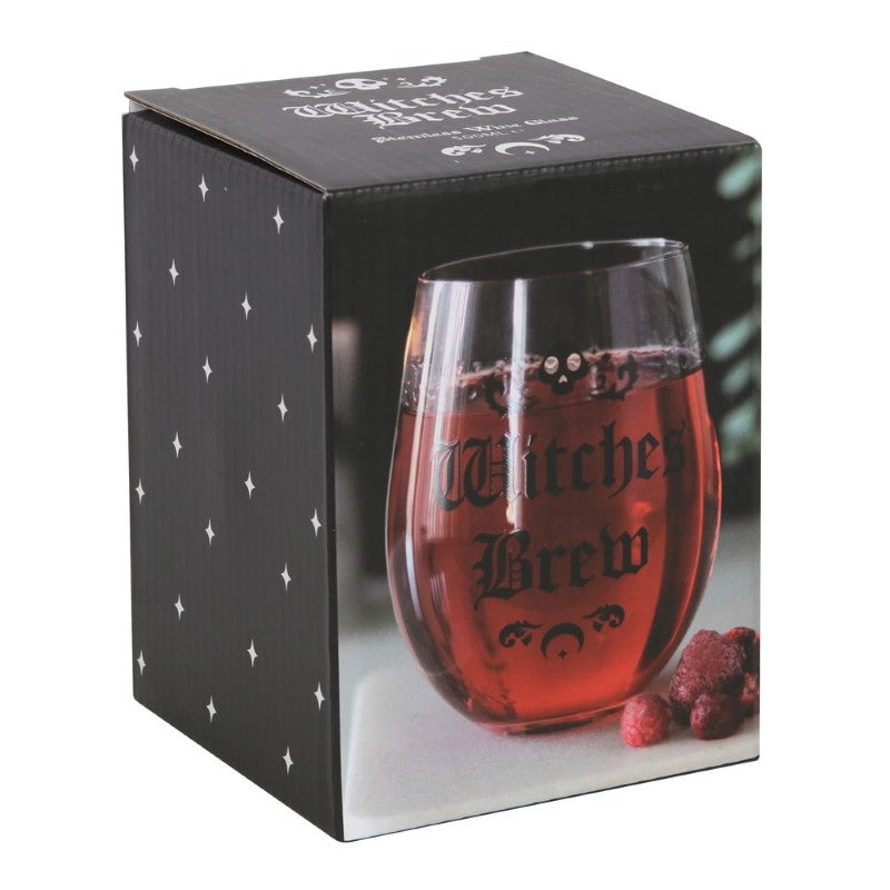 Elegant stemless wine glass featuring 'Witches Brew' in gothic blackletter, perfect for wine and mystical gatherings.