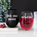 Witches Brew Stemless Wine Glass with gothic text, perfect for potions and wine, part of the Dark Matter range, 500ml capacity.