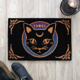 Mystic Mog Black Doormat featuring a mystical black cat design, perfect for adding charm to indoor or sheltered entryways.