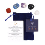 Water Element Zodiac Tumble Stone Set featuring Lapis Lazuli, Black Obsidian, Clear Quartz, Amethyst, and Red Jasper in a velvet bag.