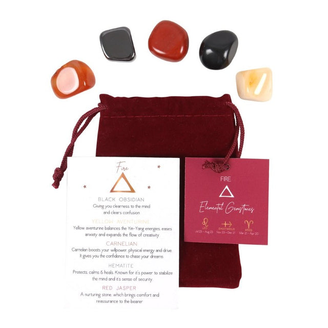 Fire Element Zodiac Tumble Stone Set featuring five tumblestones in a velvet bag, designed for Aries, Leo, and Sagittarius.