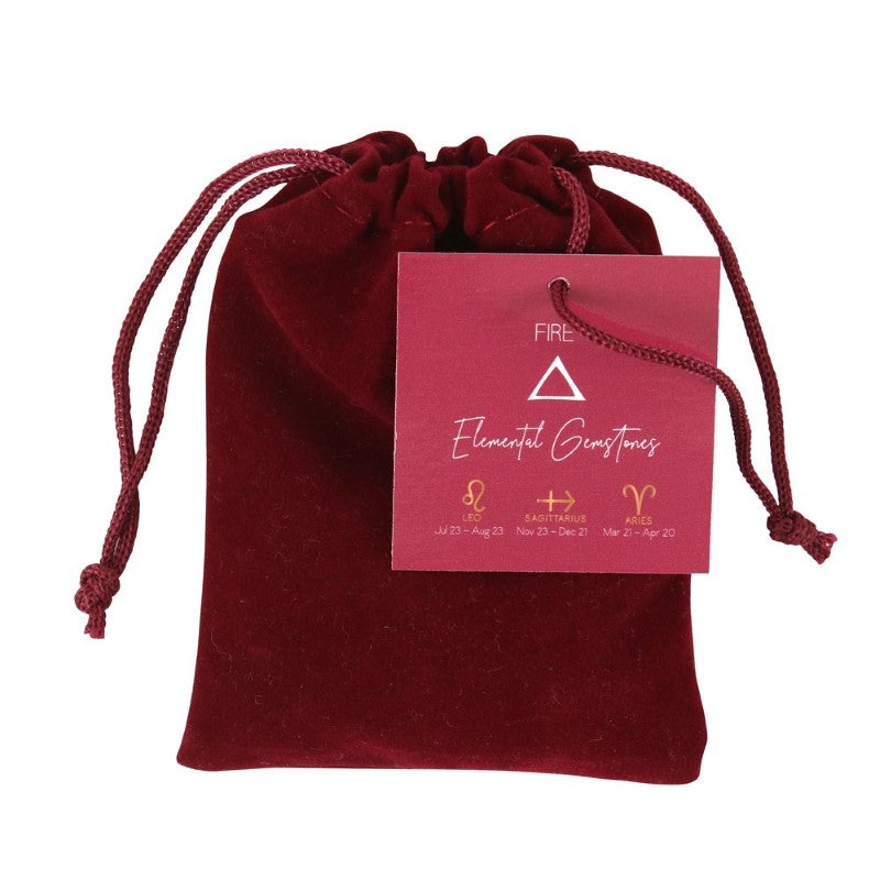 Fire Element Zodiac Tumble Stone Set featuring five stones in a velvet bag, ideal for Aries, Leo, and Sagittarius enthusiasts.