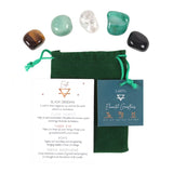 "Earth Element Zodiac Tumble Stone Set featuring Black Obsidian, Clear Quartz, Tiger Eye, Agate, and Green Aventurine in velvet bag."
