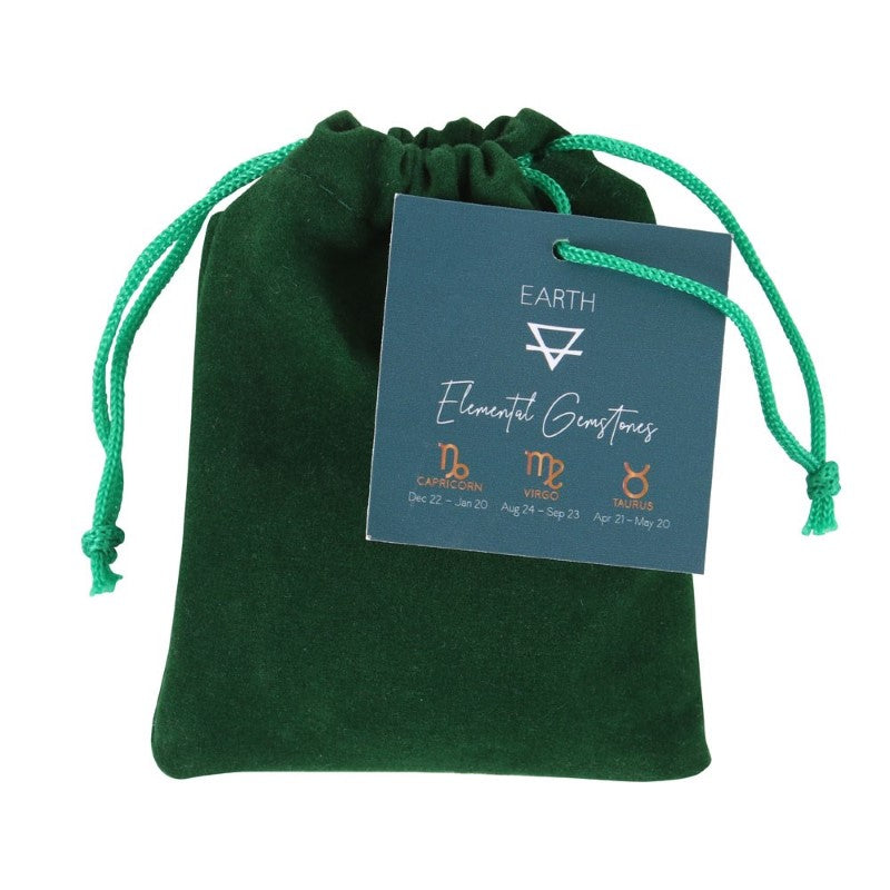Earth Element Zodiac Tumble Stone Set featuring five healing stones in a velvet bag for Taurus, Virgo, and Capricorn.