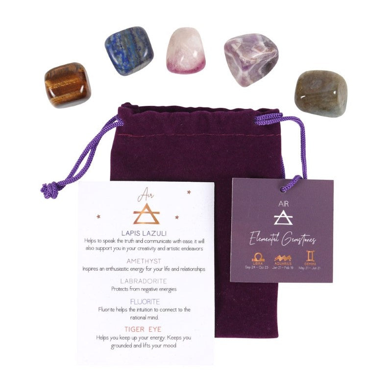 Air Element Zodiac Tumble Stone Set featuring five stones for communication, intuition, and mood enhancement, in a velvet bag.