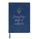 Luxurious blue velvet notebook featuring water zodiac traits, inspiring phrases, and a celestial starry sky design.