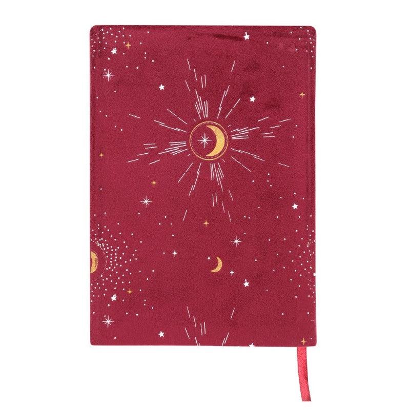 Burgundy velvet notebook with empowering text and starry sky design, ideal for journaling and inspiring creativity.
