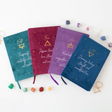 Luxurious green velvet notebook featuring zodiac traits, inspiring text, and a starry sky design, ideal for journaling.