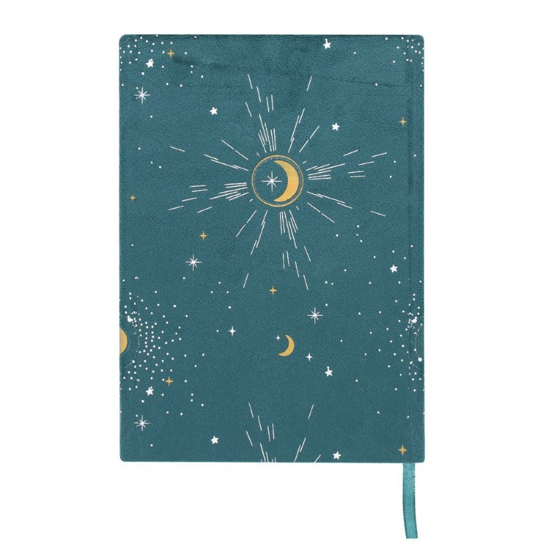 Luxurious green velvet notebook featuring inspirational text and a starry sky, perfect for journaling and astrology lovers.
