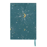 Luxurious green velvet notebook featuring inspirational text and a starry sky, perfect for journaling and astrology lovers.