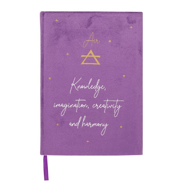 Purple velvet notebook with inspiring words and starry sky, symbolizing the air element and zodiac signs Gemini, Libra, Aquarius.