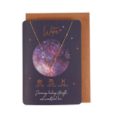 Water Element Zodiac Necklace on a card, highlighting Cancer, Scorpio, Pisces traits: dreaming, healing, strength, love.