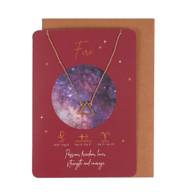 Fire Element Zodiac Necklace on a greeting card highlighting passion, love, and strength for Aries, Leo, and Sagittarius.