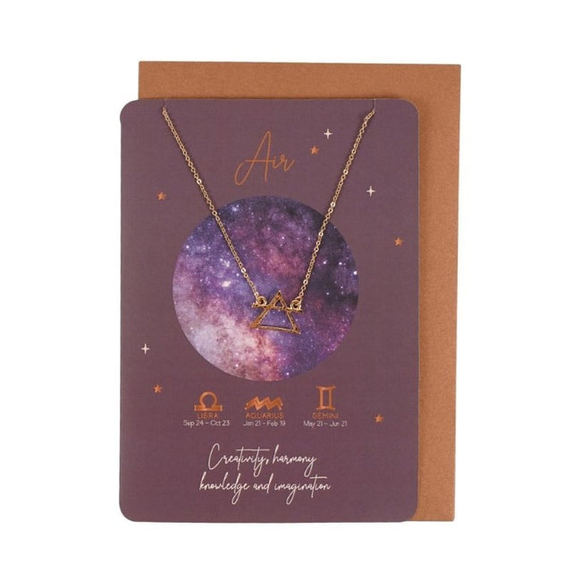 Air Element Zodiac Necklace on card, featuring air signs Gemini, Libra, Aquarius; nickel-free steel, 44 cm chain, inspiring message.