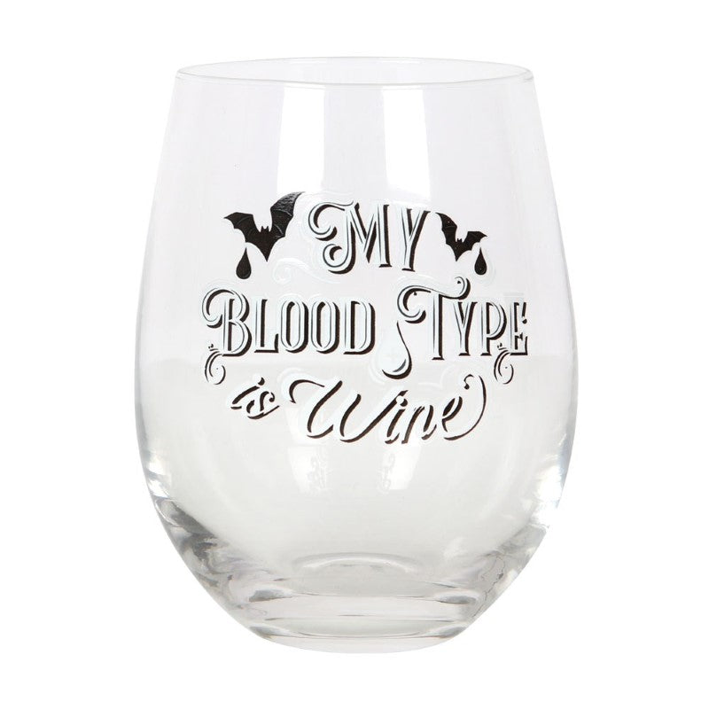 Blood Type Stemless Wine Glass with 'My Blood Type is Wine' and gothic bat designs; perfect for wine lovers and gothic decor.