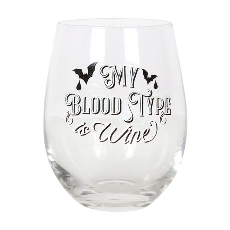 Blood Type Stemless Wine Glass with 'My Blood Type is Wine' and gothic bat designs; perfect for wine lovers and gothic decor.