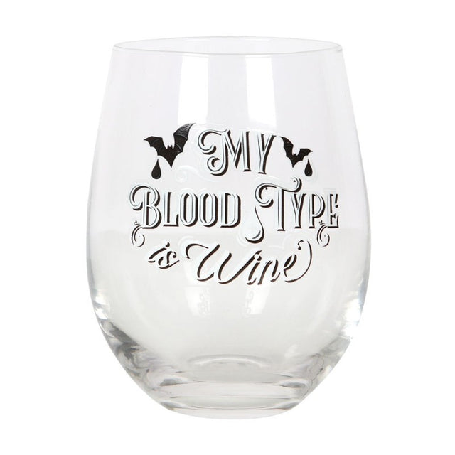 Blood Type Stemless Wine Glass with 'My Blood Type is Wine' and gothic bat designs; perfect for wine lovers and gothic decor.