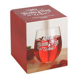 Blood Type Stemless Wine Glass featuring 'My Blood Type is Wine' and intricate gothic bat designs, perfect for wine lovers.