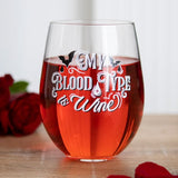 Blood Type Stemless Wine Glass with 'My Blood Type is Wine' text and gothic bat designs, perfect for wine lovers and gothic decor.