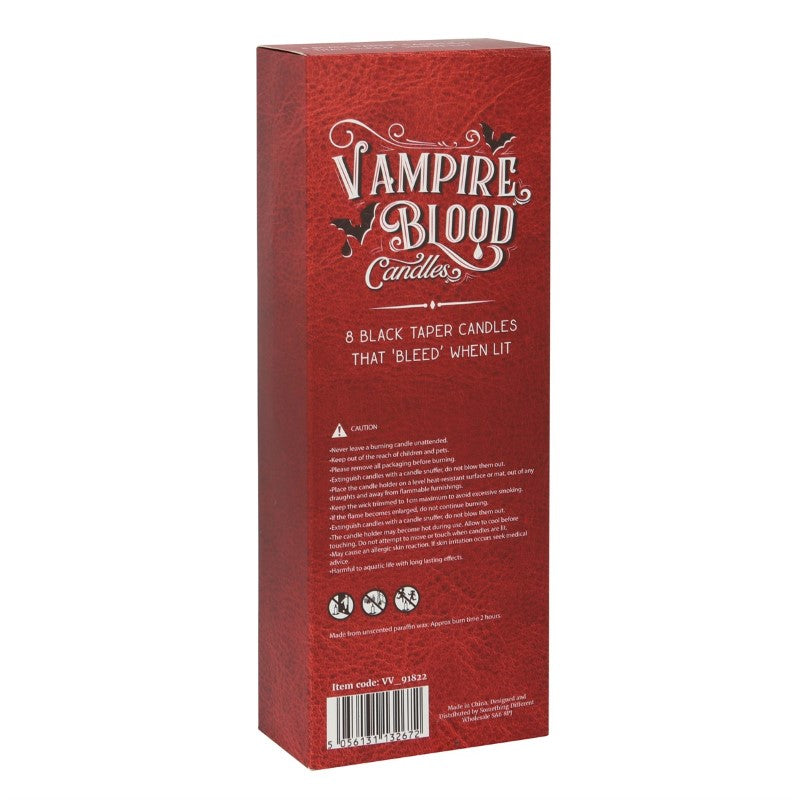 Box of 8 Vampire Blood Taper Candles featuring a bleeding wax effect for a haunting ambiance in gothic decor.