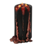 Large blood-red pillar candle with bleeding wax effect, perfect for gothic decor and ambient lighting for Halloween.