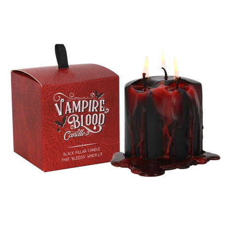 Small Vampire Blood Pillar Candle featuring a bleeding wax effect, perfect for gothic decor and creating an enchanting ambiance.