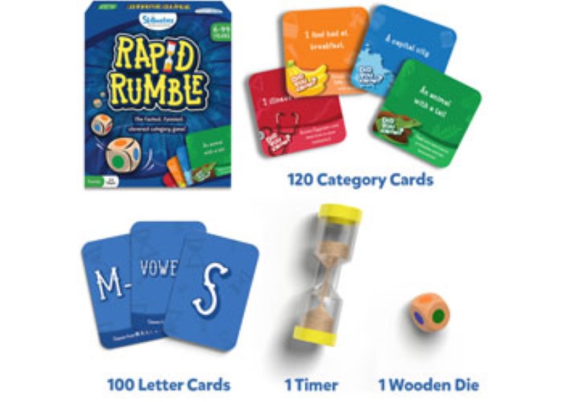 Fast-paced family game Rapid Rumble, promoting quick thinking and laughter through category challenges and friendly competition.