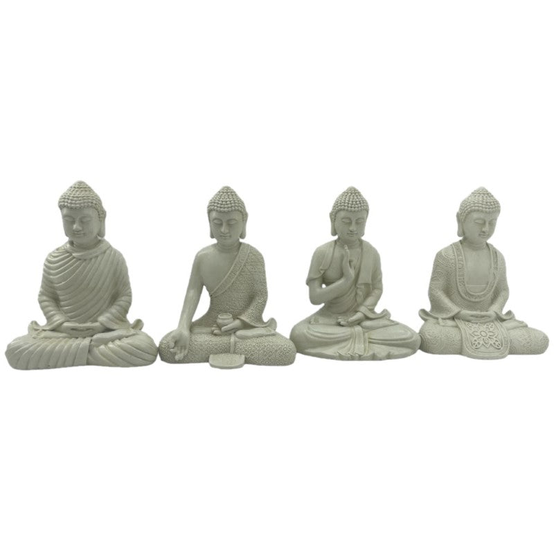 Set of 4 unique white resin Thai Buddha figurines, perfect for home decor and promoting tranquility.