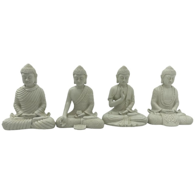 Set of 4 unique white resin Thai Buddha figurines, perfect for home decor and promoting tranquility.