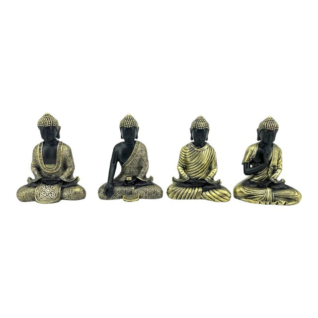 Set of 4 gold and black Thai Buddha figurines, each uniquely designed for elegant home decor and gift giving.