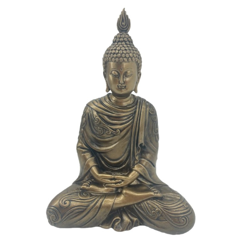 Elegant gold Buddha statue in a meditative pose, perfect for promoting peace and serenity in any space, measuring 8x8x14.5 cm.
