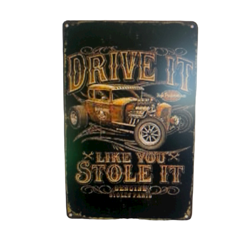 Vintage-inspired metal wall art sign, measuring 30x20 cm, perfect for car enthusiasts' man caves or garages.