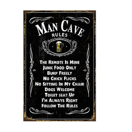 Rules Man Cave Metal Wall Art, a striking 30x20 cm sign showcasing unwritten rules for relaxation in any man cave or workshop.