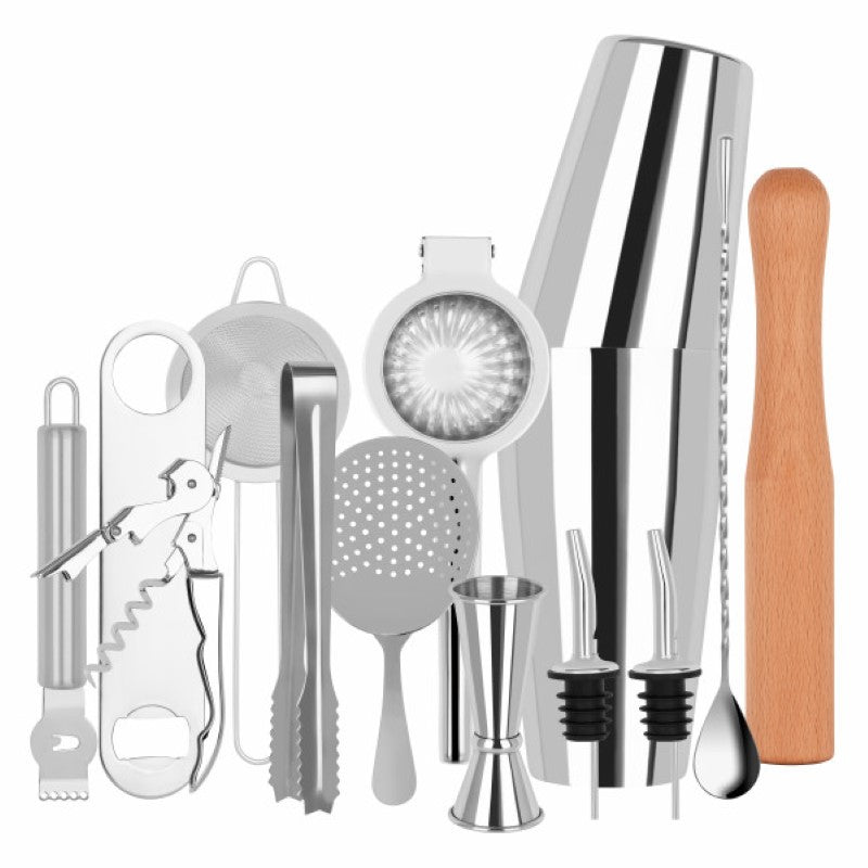 14-piece Zanzi cocktail set in a stainless steel roll, includes essential tools for mixology, perfect for home and professional use.