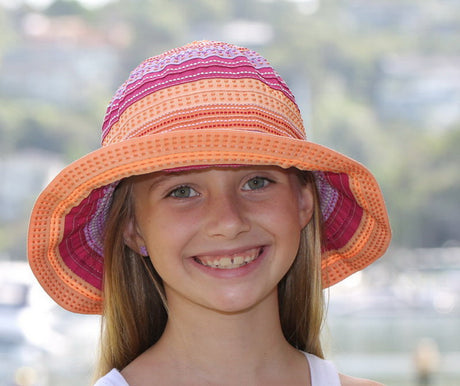 Vibrant orange Chloe Multicolored Sun Hat for girls, UPF 50+ protection, adjustable fit, durable and stylish for summer outings.