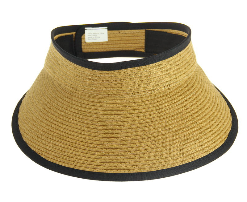 Camel Corinna Visor, lightweight roll-up design, adjustable fit, natural fiber braid, provides UV protection and elegance.