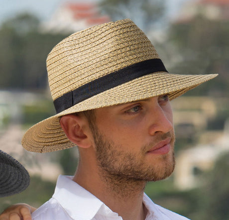 Unisex Fedora - M with 58cm size, 8cm brim, UPF 50+, adjustable band, and vintage denim-like fading for stylish sun protection.