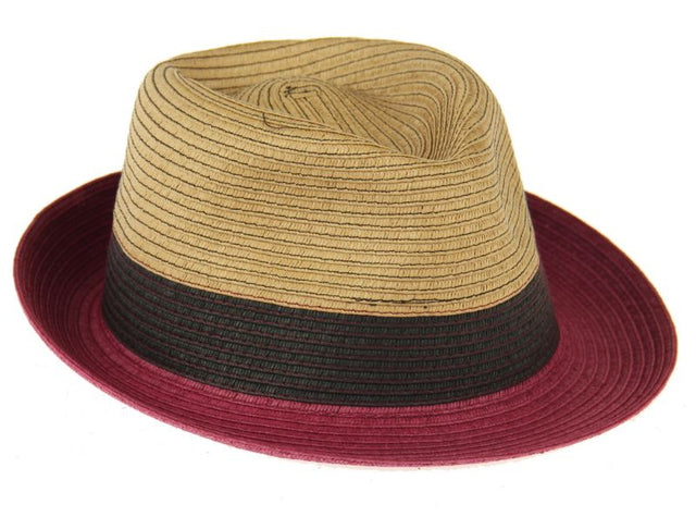 Unisex wine colour block trilby hat with braided design, adjustable drawstring, and UPF50+ sun protection.